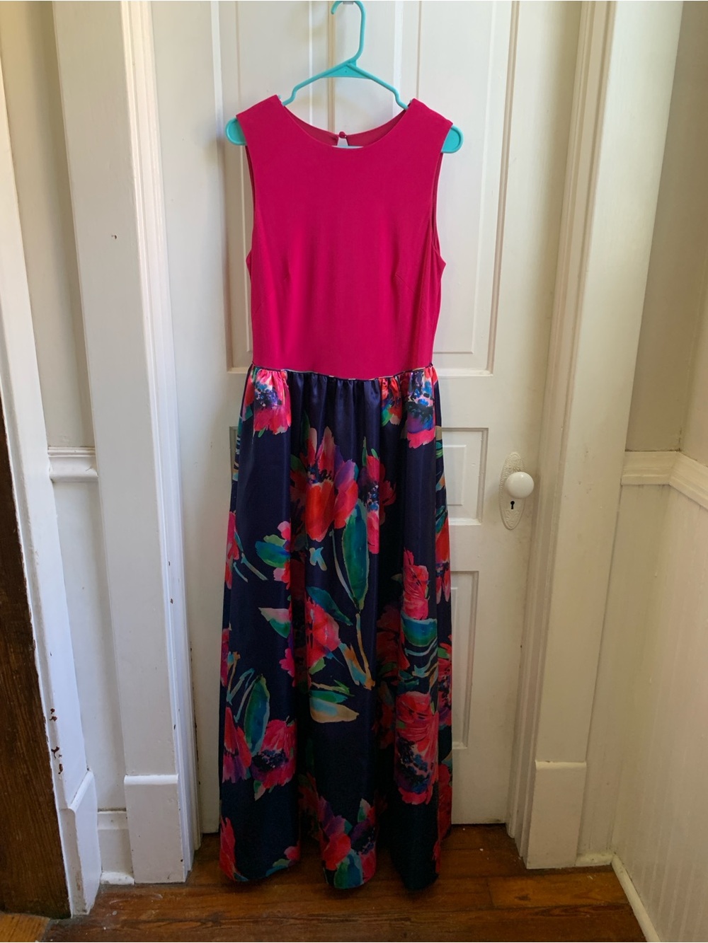 Aidan Mattox Sleeveless Fuchsia and Navy Floral Jacquard Maxi Dress Size 12